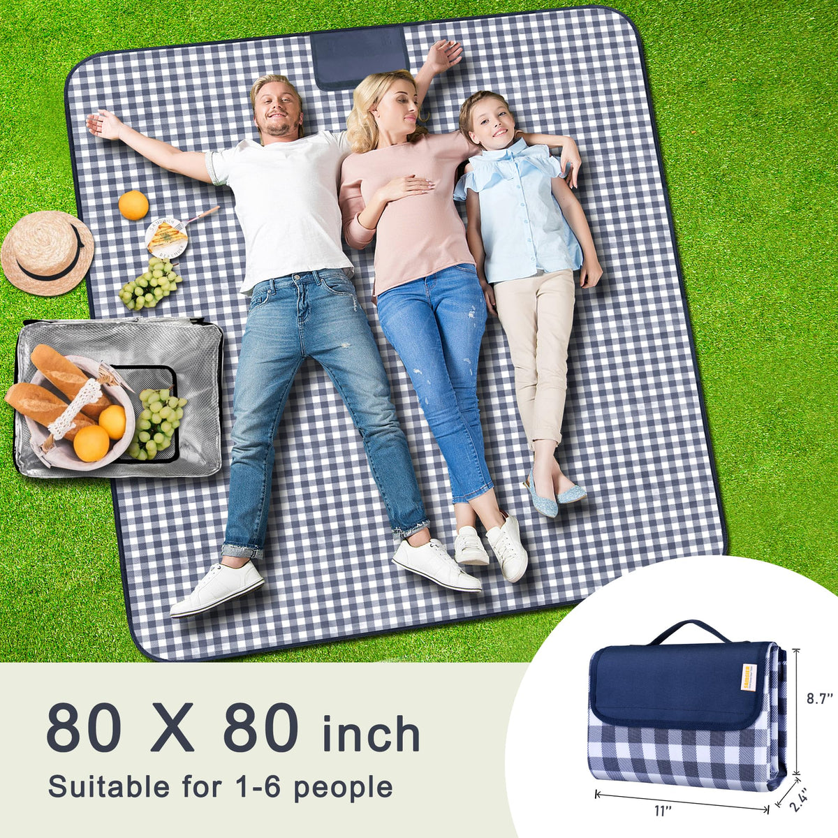 SAMSIER Waterproof Picnic Blanket, 80 x 80 in, Navy Blue