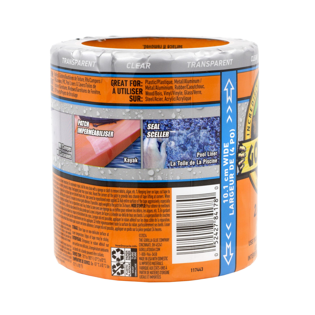 Gorilla Waterproof Patch & Seal Tape, 4 in x 8 ft, Clear