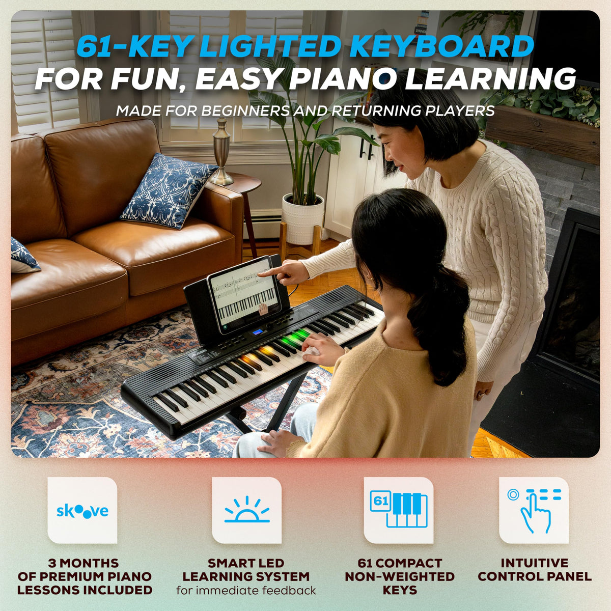 Alesis Teacher's Choice 61-Key Piano Keyboard Bundle, Light-Up Keys
