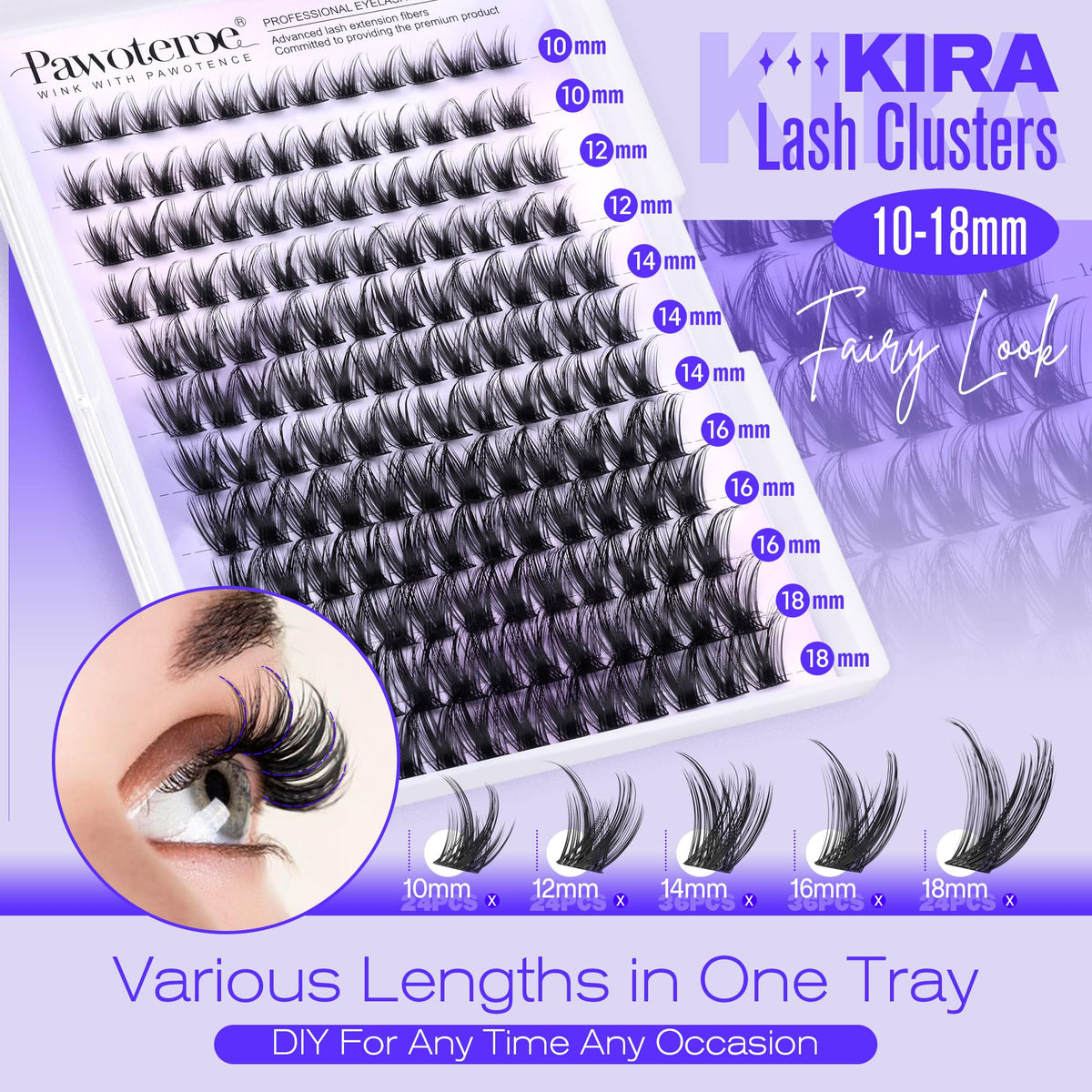 Pawotence Wispy D Curl Cluster Lash Extensions, 10-18 mm
