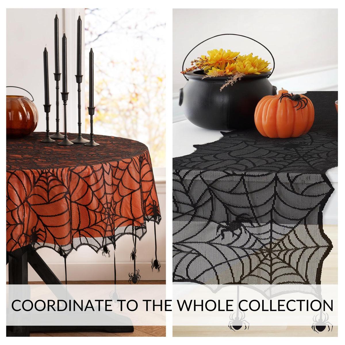 Elrene Home Fashions Spider Lace Tablecloth, 70" Round, Black/Orange