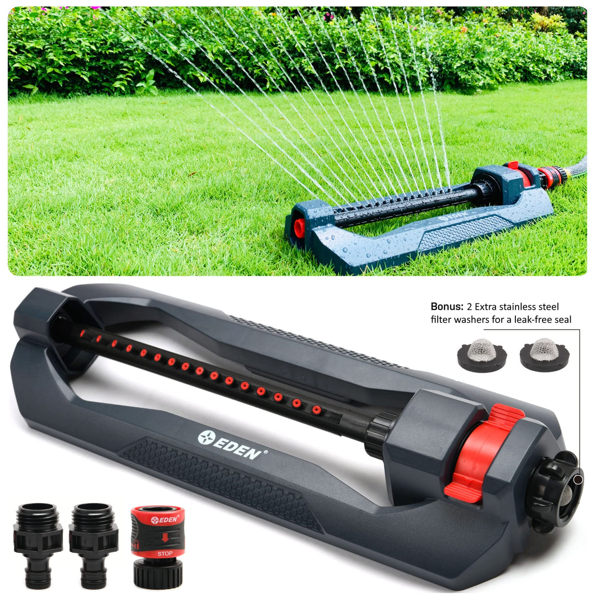 Eden 96213EDAMZ Weighted Oscillating Sprinkler, 3,600 sq. ft., Black