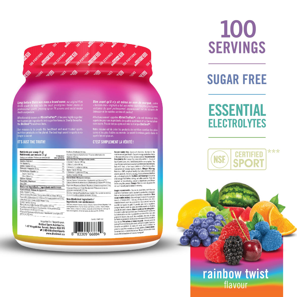 BioSteel Zero Sugar Hydration Mix, Rainbow Twist, 100 Servings