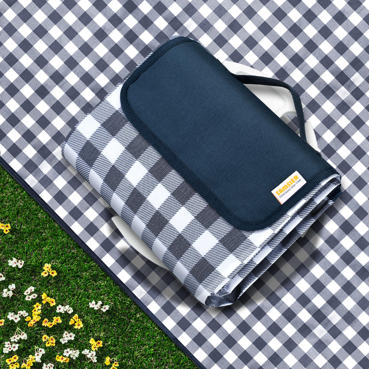 SAMSIER Waterproof Picnic Blanket, 80 x 80 in, Navy Blue
