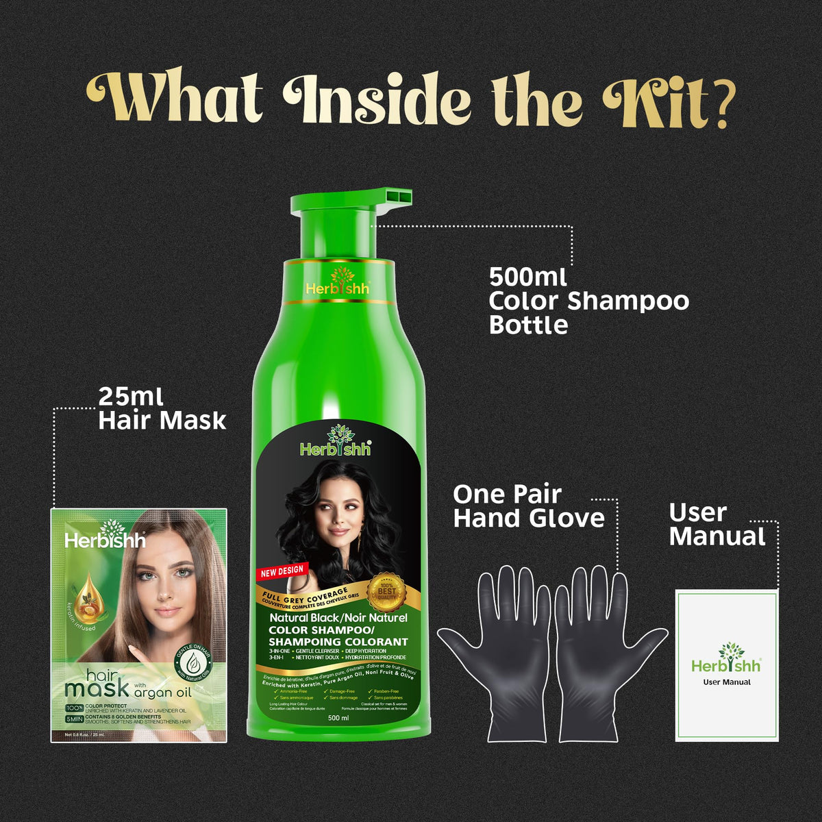 Herbishh 3-in-1 Hair Colour Shampoo, Black, 500 ml