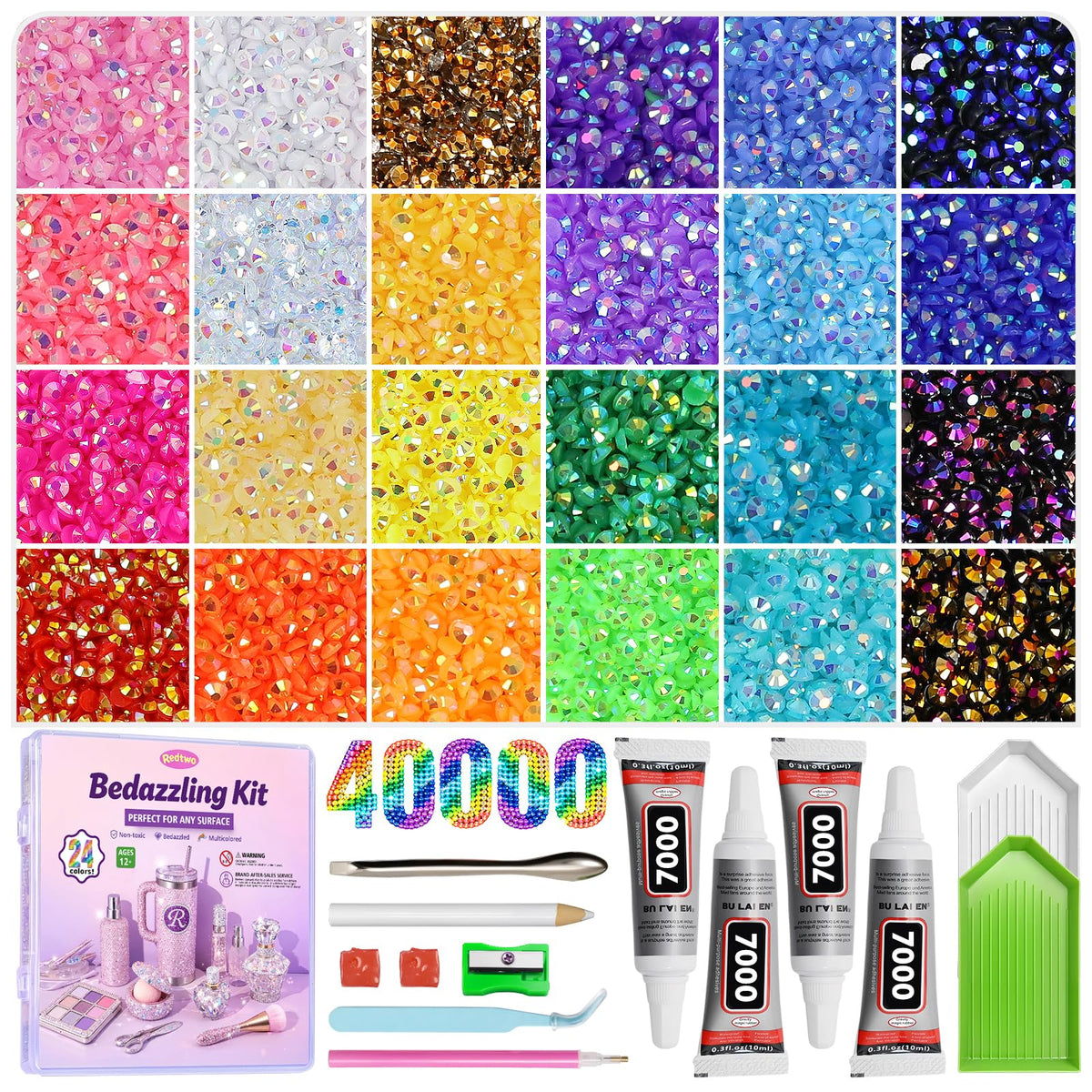 Redtwo 3 mm Resin Jelly Rhinestones Kit, 24 Colours, 40,000 Pieces