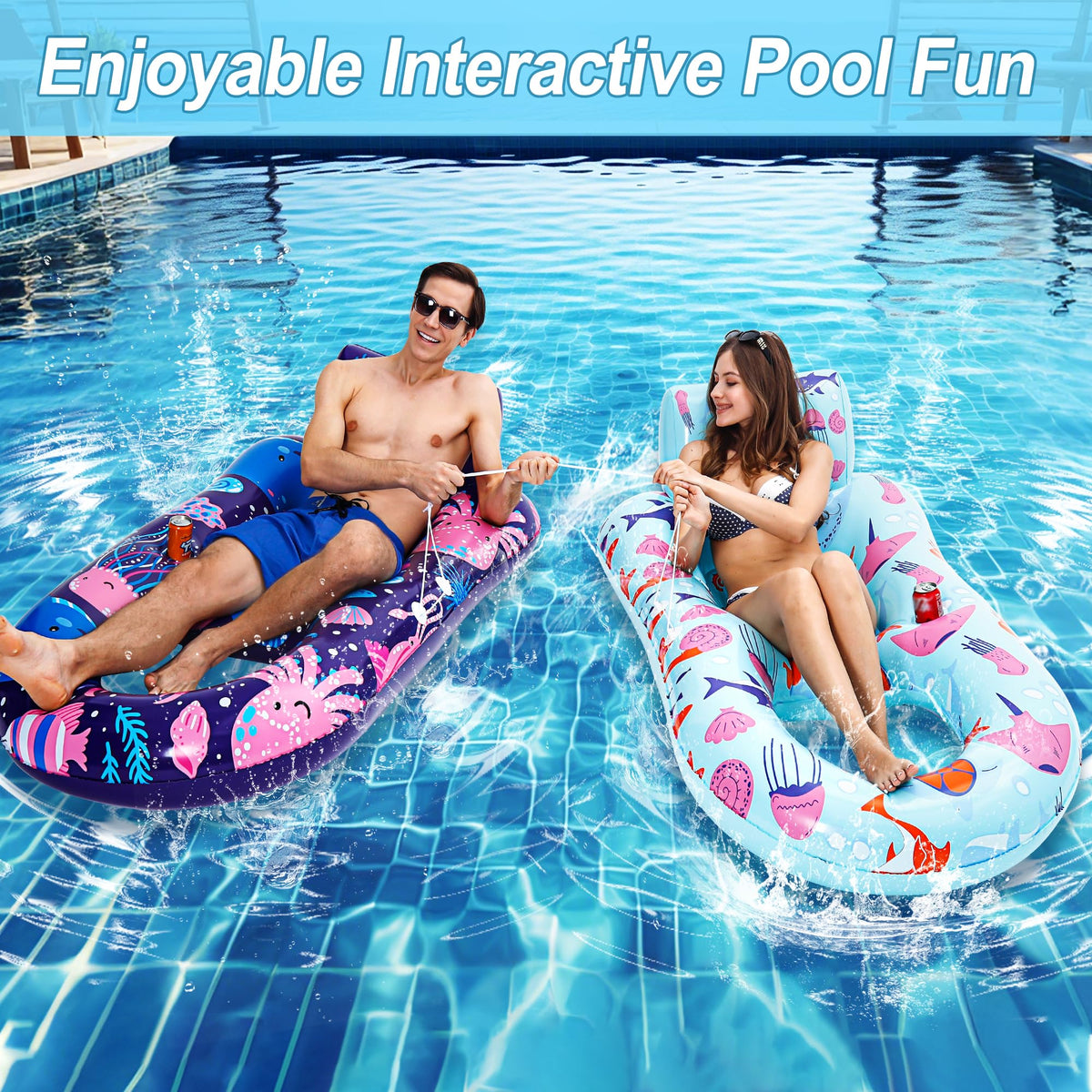 PuppyuWill Inflatable Pool Lounger Floats with Cup Holder (2 Pack)