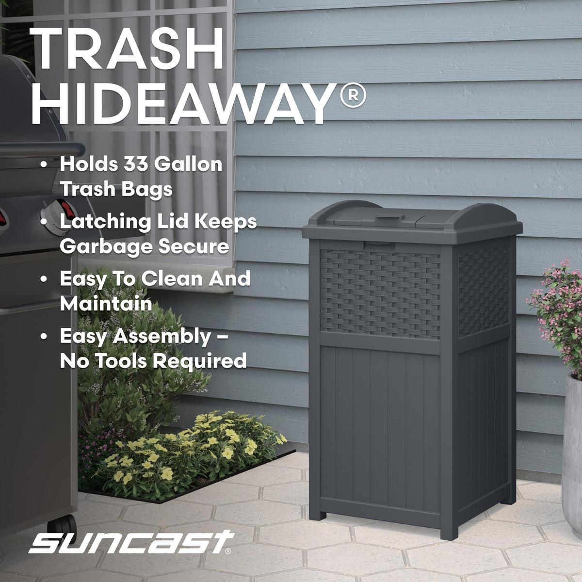 Suncast 33 Gallon Wicker-Style Hideaway Trash Can, Cyberspace Grey