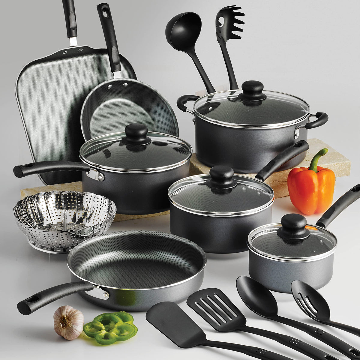 Tramontina PrimaWare 18-Piece Nonstick Cookware Set, Gray