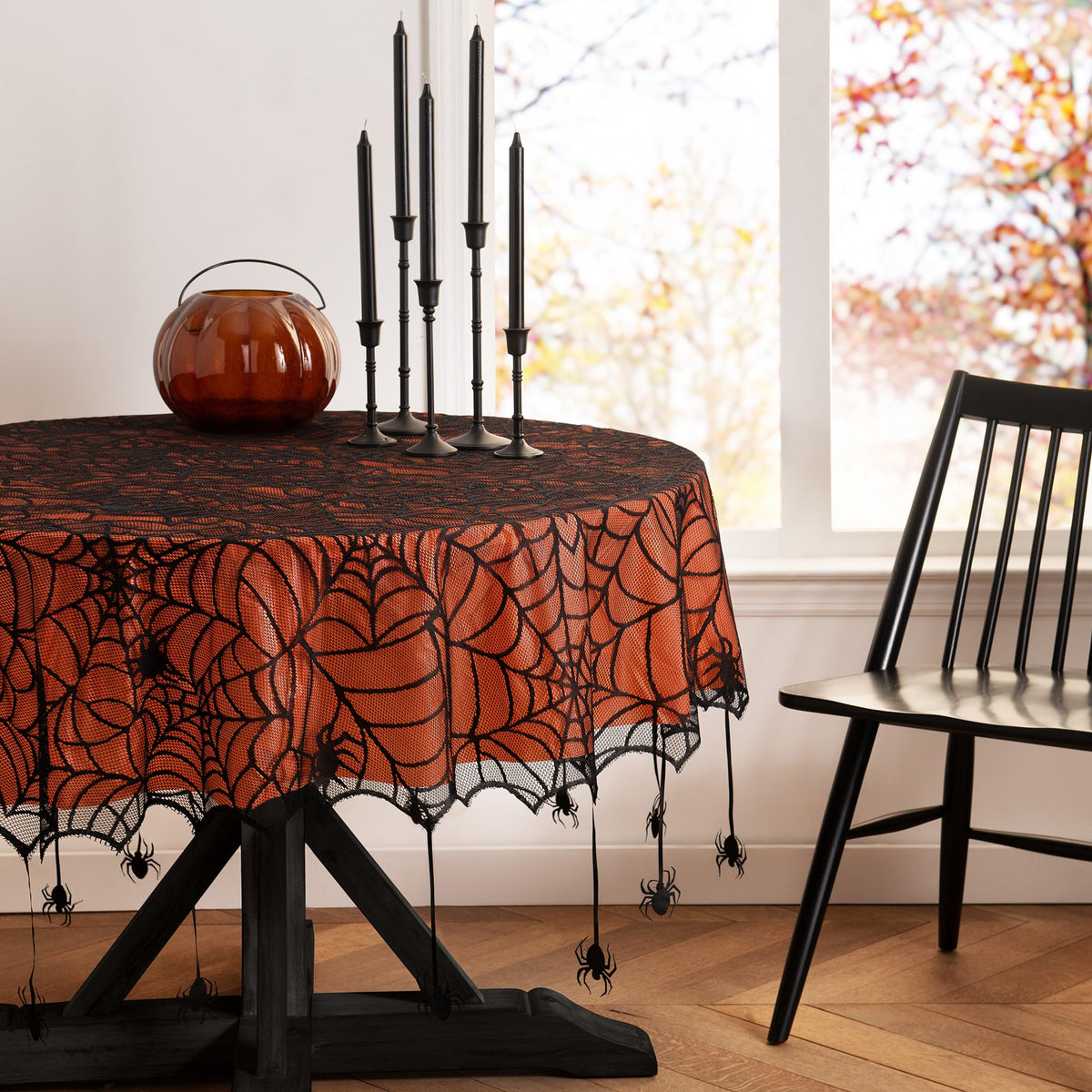 Elrene Home Fashions Spider Lace Tablecloth, 70" Round, Black/Orange