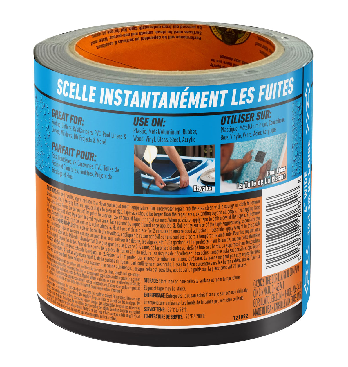Gorilla Waterproof Patch & Seal Tape, 4 in x 10 ft, Black