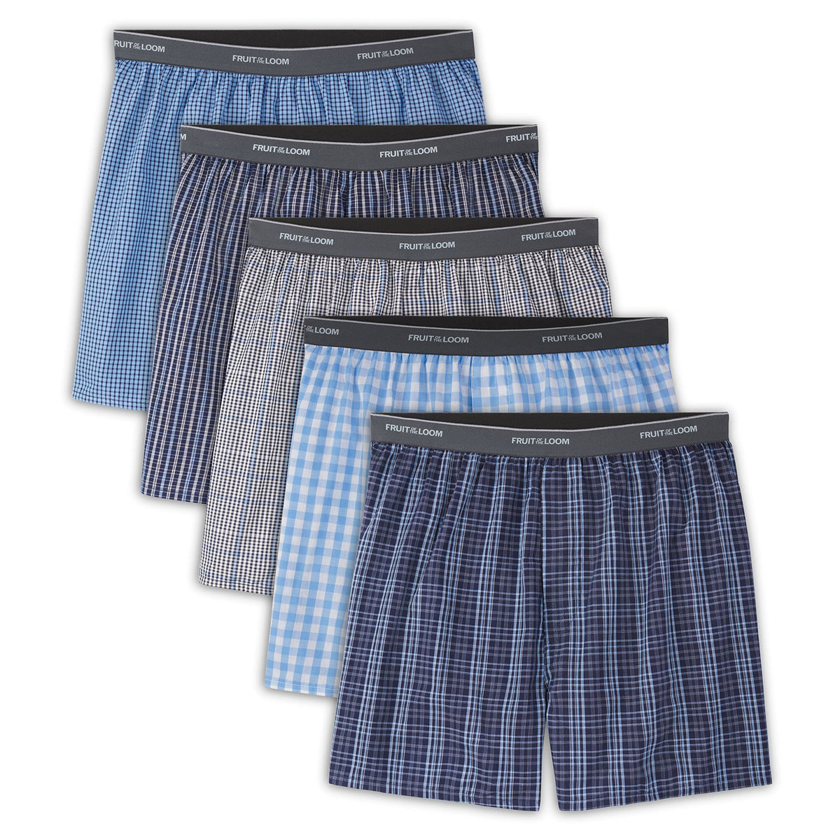 Fruit of the Loom Men's Exposed Waistband Boxers, 5 Pack, Blues, Small