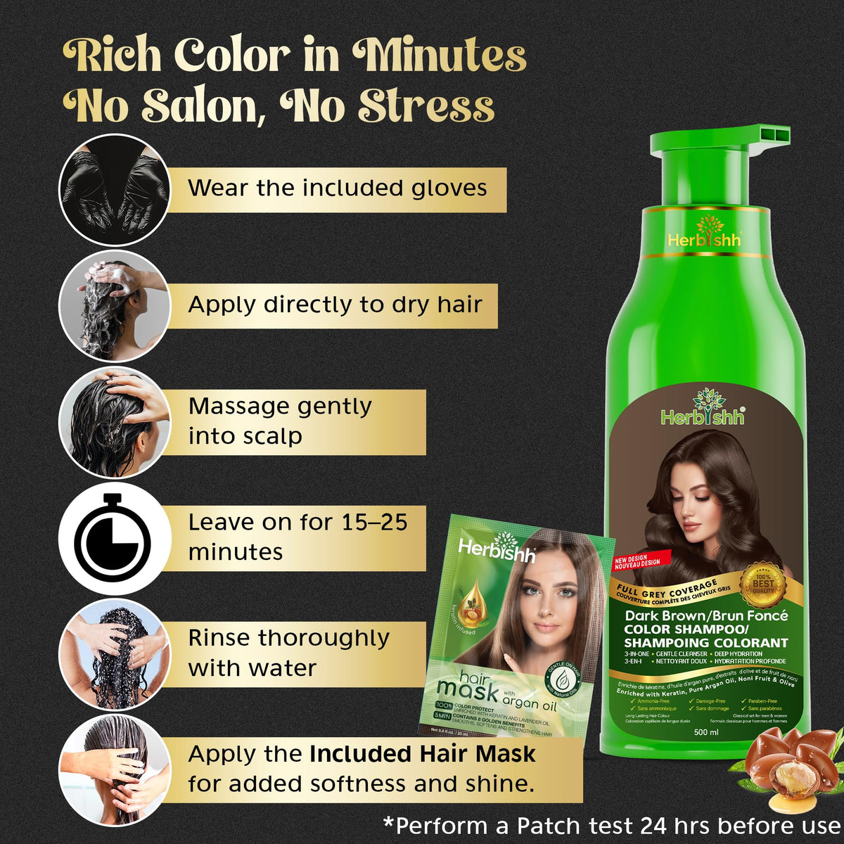 Herbishh 3-in-1 Hair Colour Shampoo, Dark Brown, 500 ml