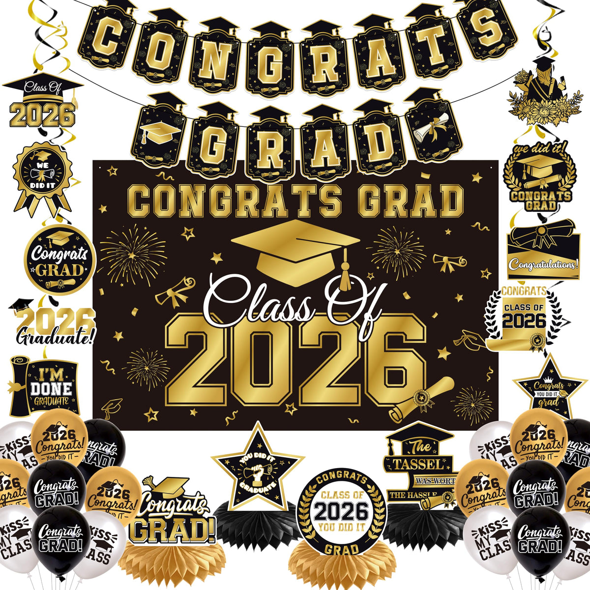 Black and Gold Graduation Decorations, Class of 2026, 35 Pieces