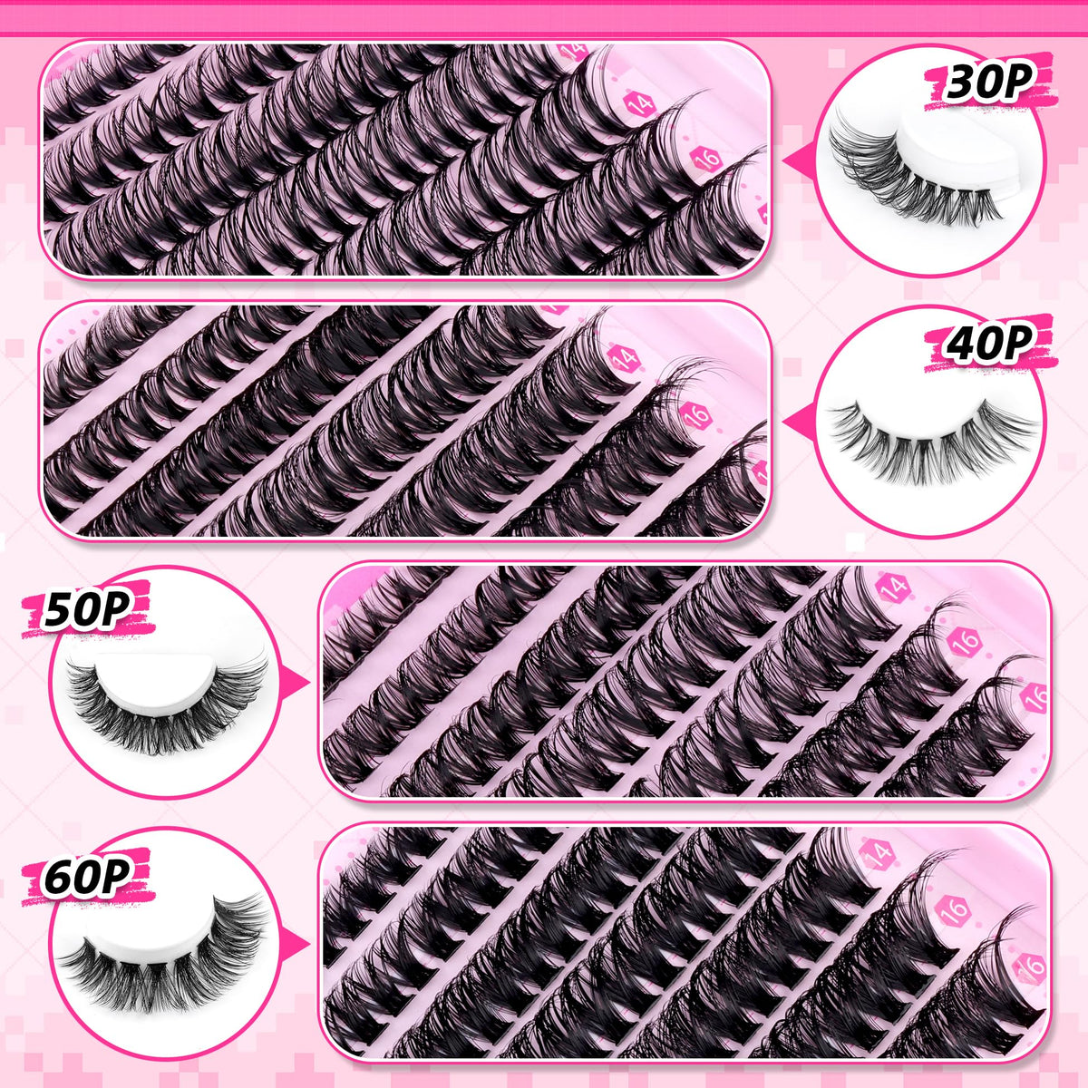 Wiwoseo Cluster Eyelash Extensions, 560pcs, D Curl, 8-16MM