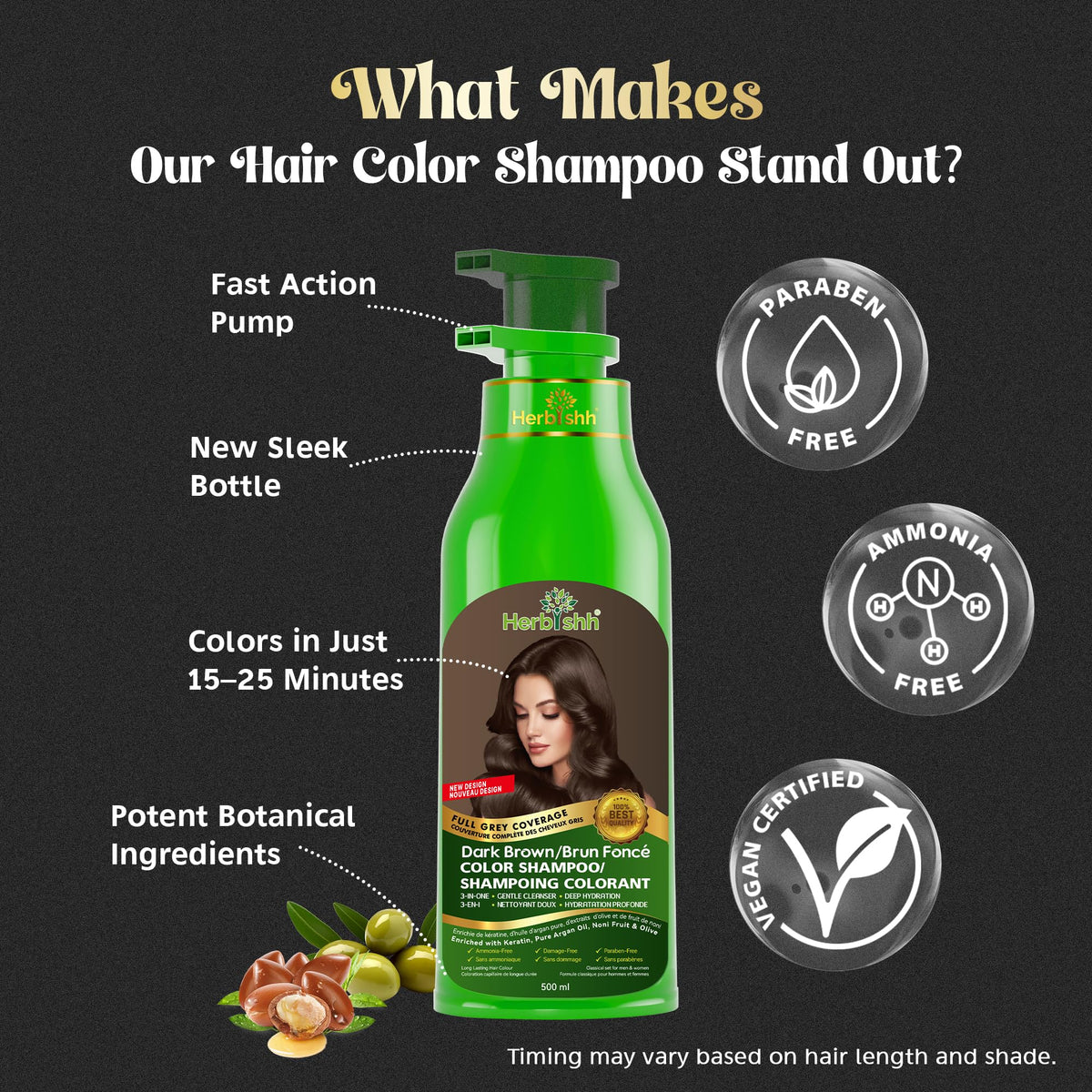 Herbishh 3-in-1 Hair Colour Shampoo, Dark Brown, 500 ml