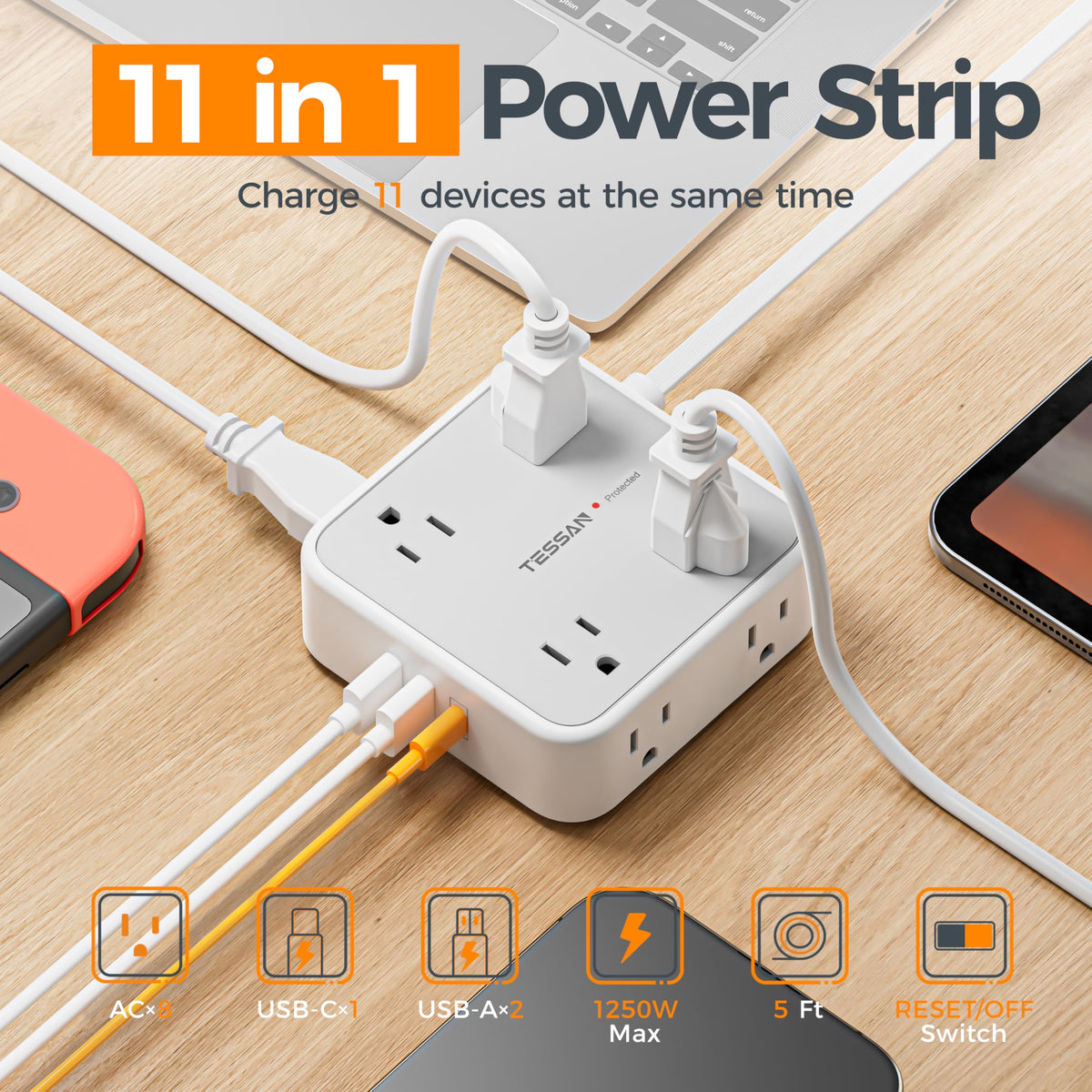 TESSAN 8-Outlet Flat Plug Surge Protector Power Bar, 5 ft, Grey