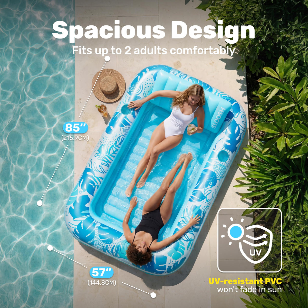 Sloosh Inflatable Tanning Pool Lounger Float, XL, 85" x 57", Blue