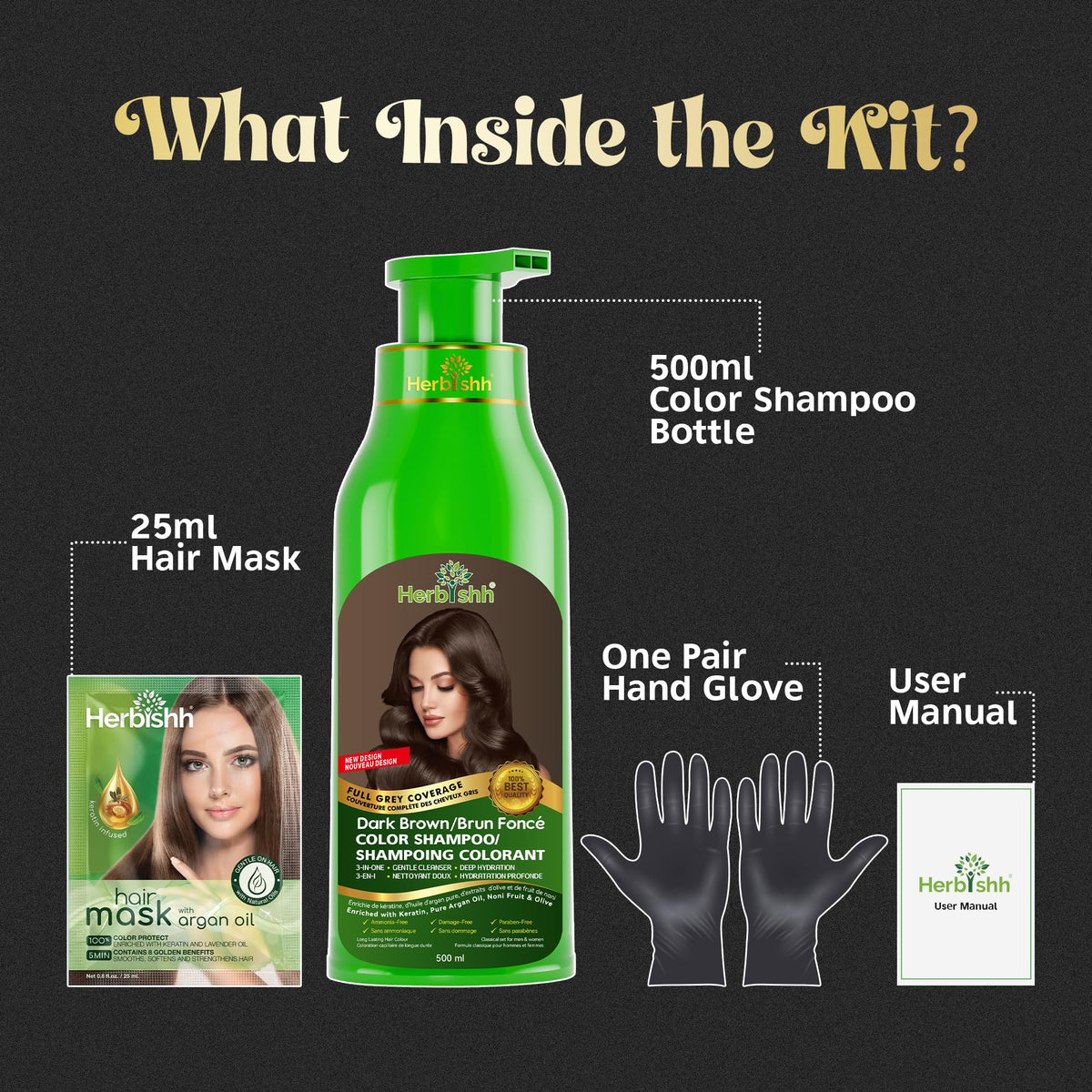 Herbishh 3-in-1 Hair Colour Shampoo, Dark Brown, 500 ml