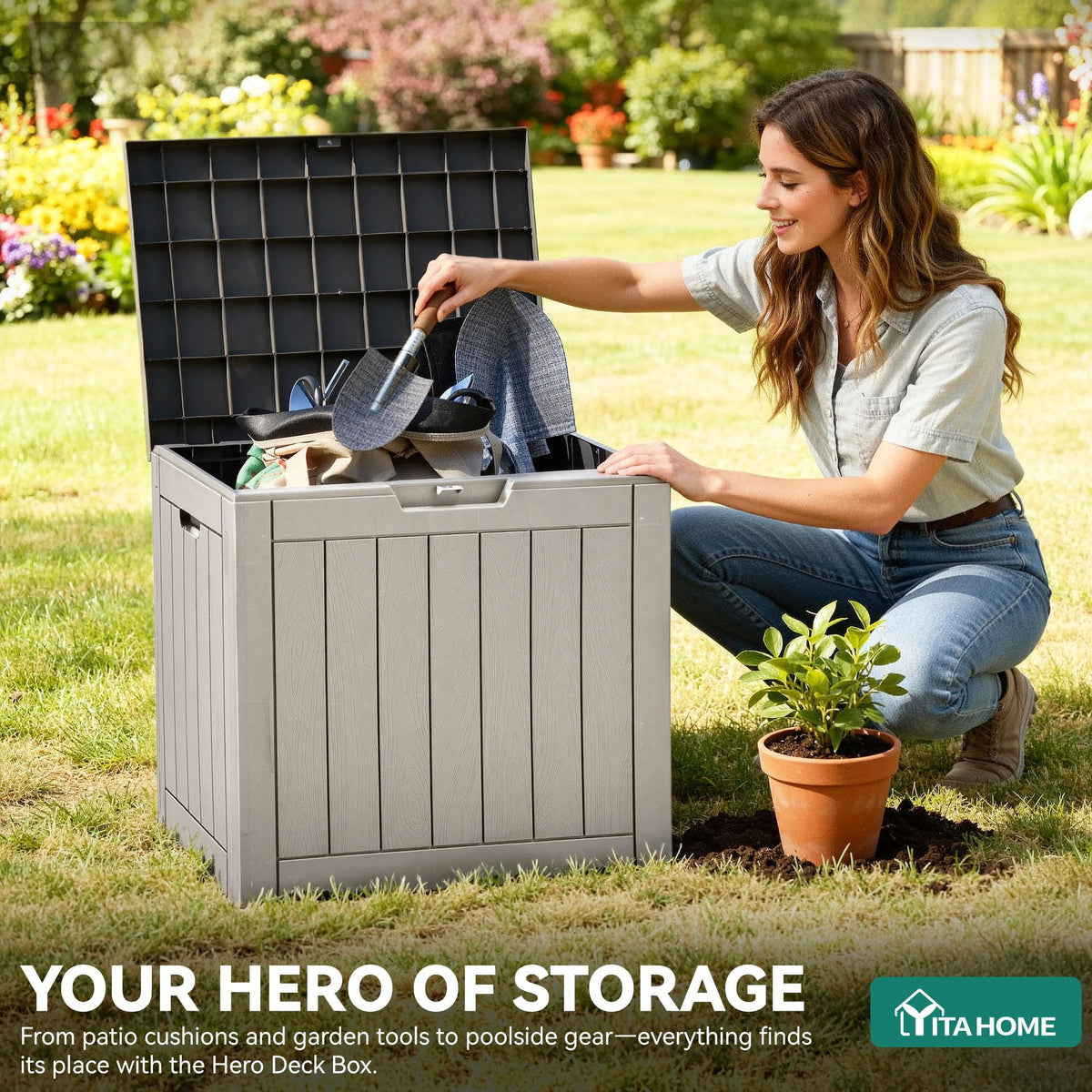 YITAHOME 31 Gallon Outdoor Storage Deck Box, Waterproof, Taupe