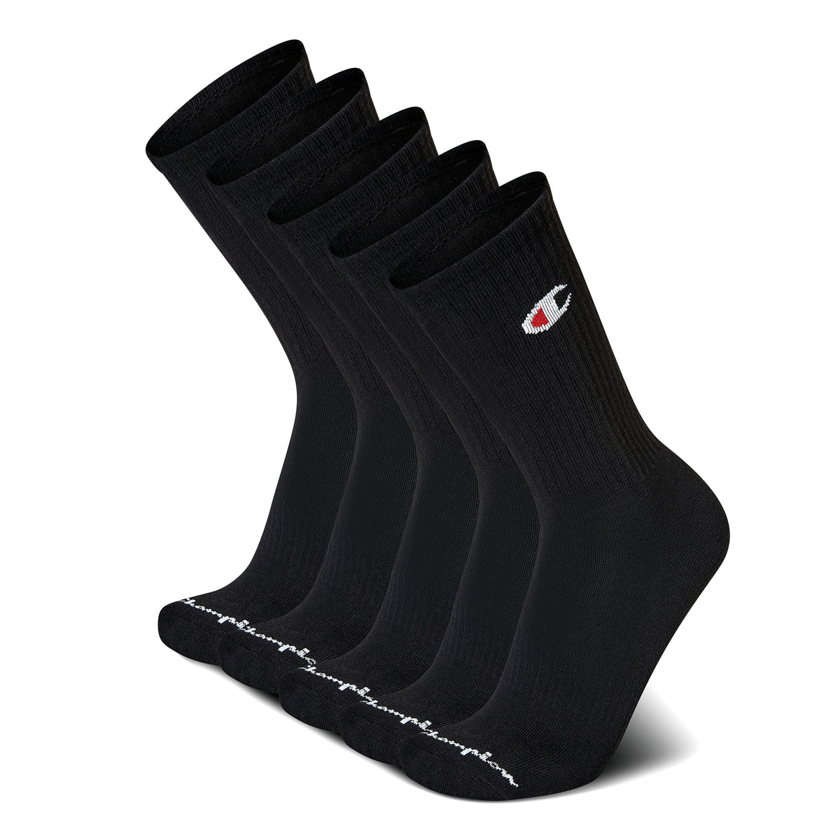 Champion Men's Cushioned Crew Socks, 5 Pack, Black, Size 6-12.5