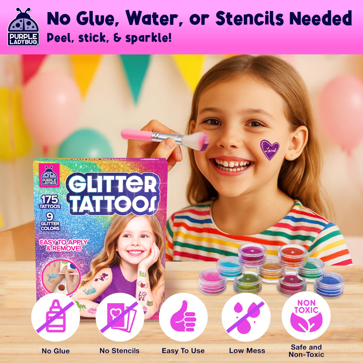 PURPLE LADYBUG Glitter Tattoo Kit for Kids (175 Pieces)