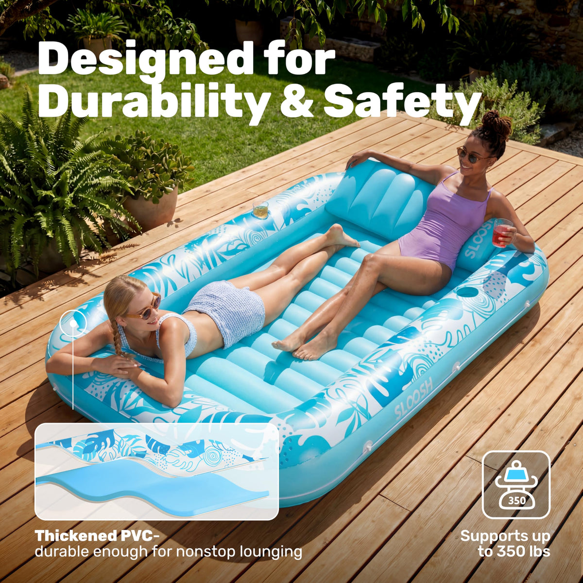 Sloosh Inflatable Tanning Pool Lounger Float, XL, 85" x 57", Blue