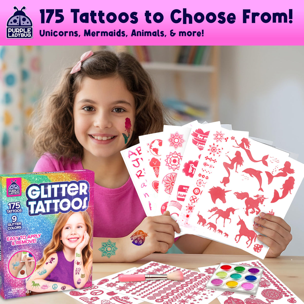 PURPLE LADYBUG Glitter Tattoo Kit for Kids (175 Pieces)