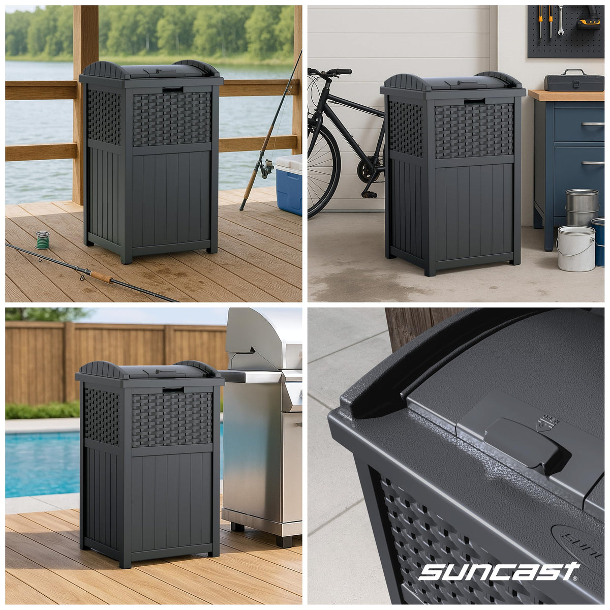 Suncast 33 Gallon Wicker-Style Hideaway Trash Can, Cyberspace Grey