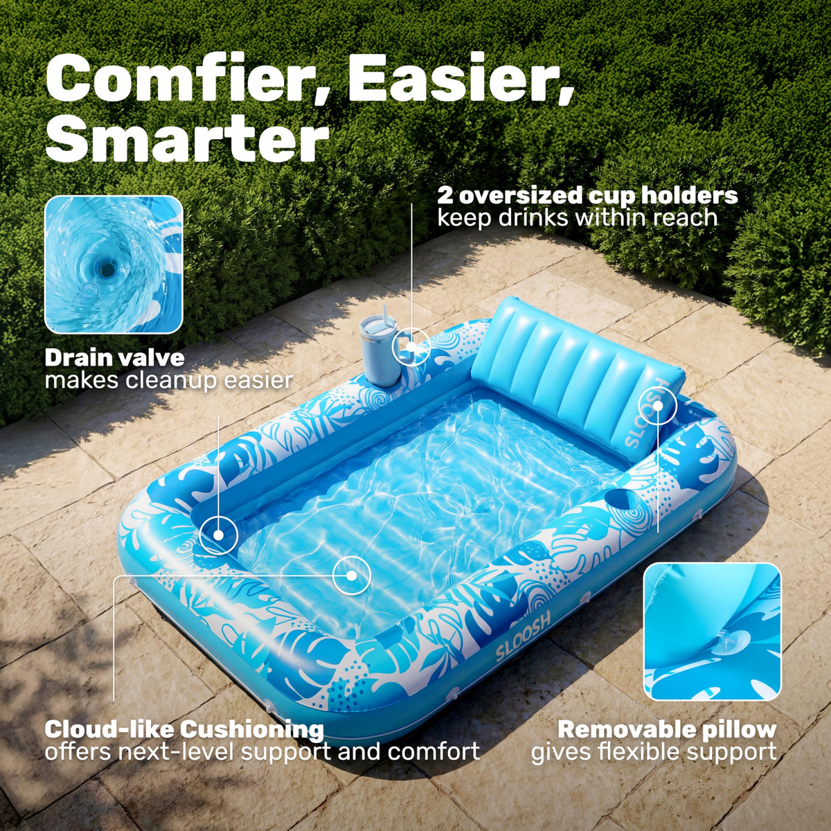 Sloosh Inflatable Tanning Pool Lounger Float, XL, 85" x 57", Blue