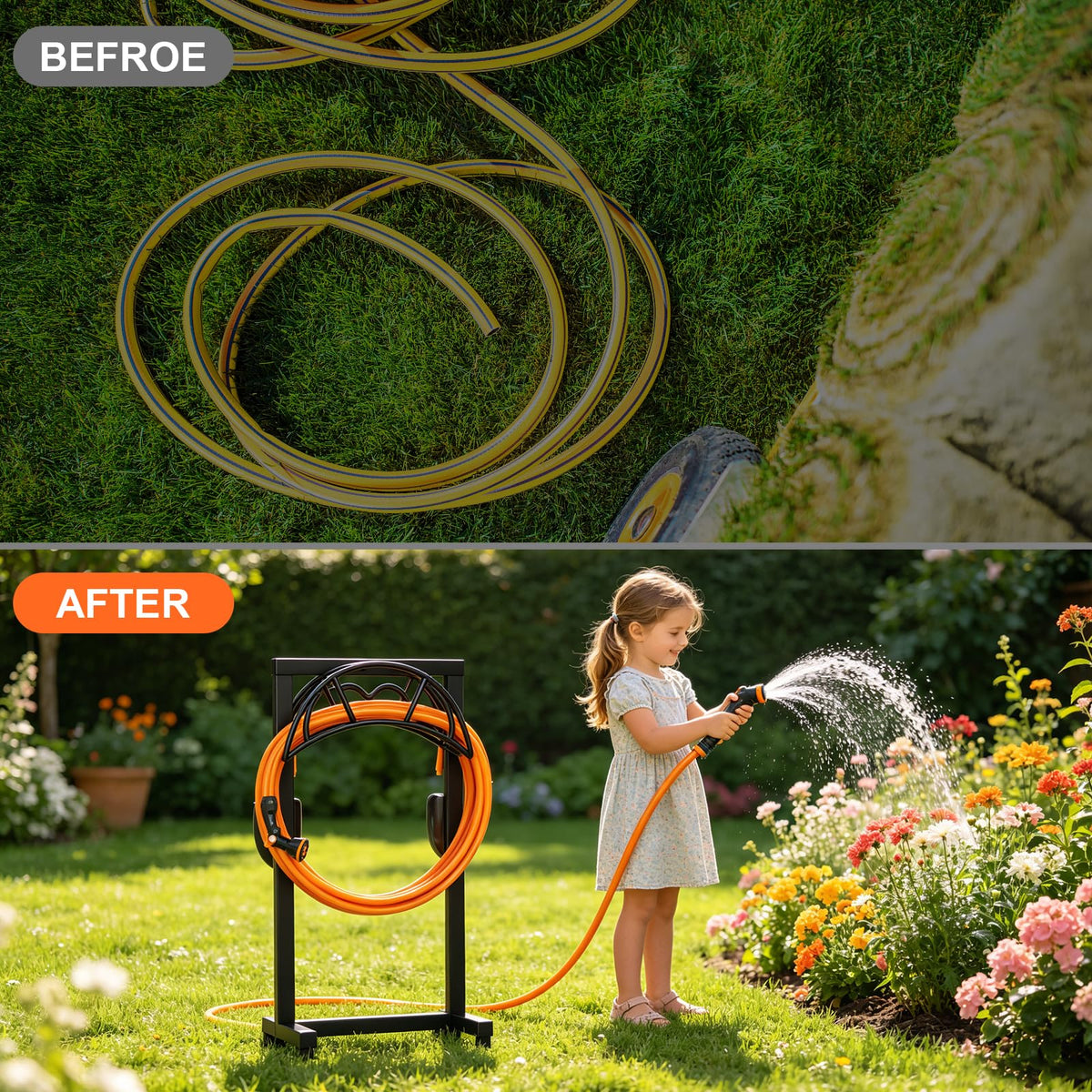 Freestanding Garden Hose Holder, Metal, 150 ft, Black