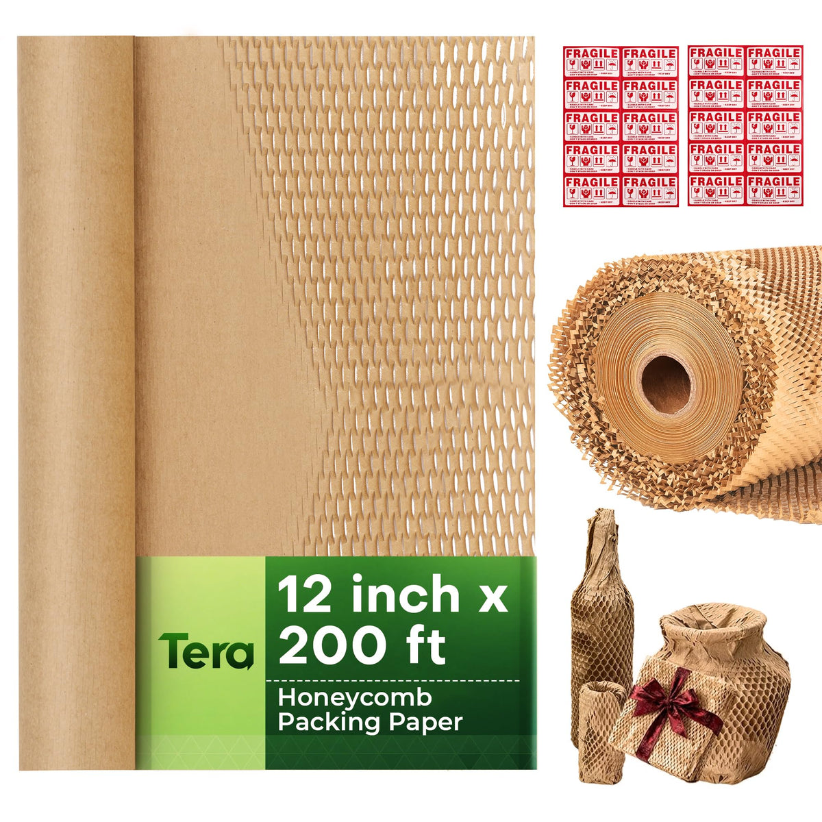 Tera Honeycomb Packing Paper, 12" x 200', with 20 Fragile Stickers