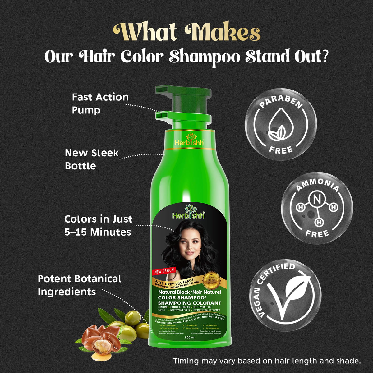 Herbishh 3-in-1 Hair Colour Shampoo, Black, 500 ml