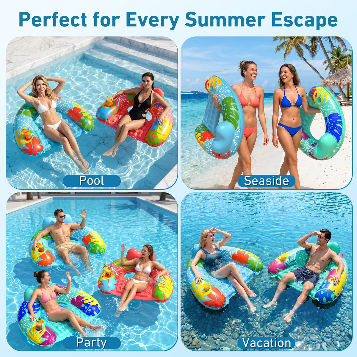 SEETOHOME Inflatable Pool Float Chairs with Cup Holder (3 Pack)
