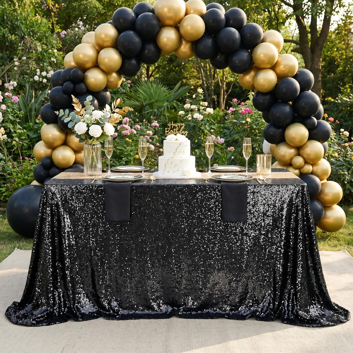 SoarDream Black Sequin Tablecloth, 90x132 Inch