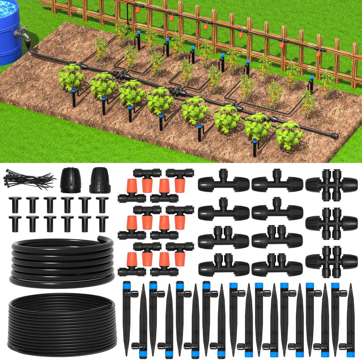 MIXC 101 ft Drip Irrigation Kit with 1/4 and 1/2 Inch Tubing