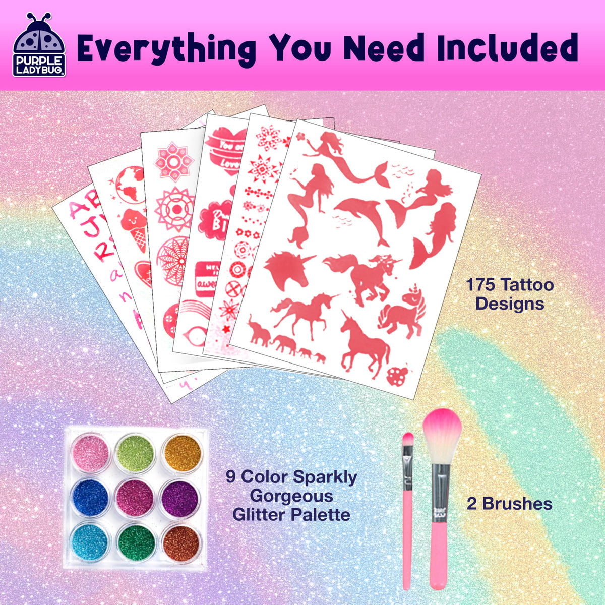 PURPLE LADYBUG Glitter Tattoo Kit for Kids (175 Pieces)