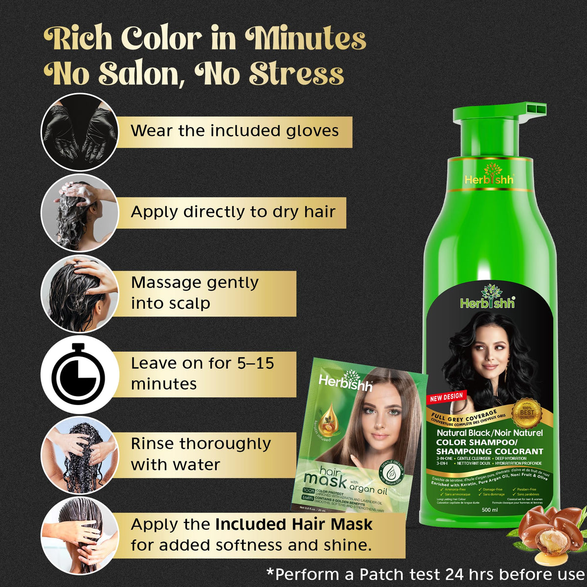 Herbishh 3-in-1 Hair Colour Shampoo, Black, 500 ml