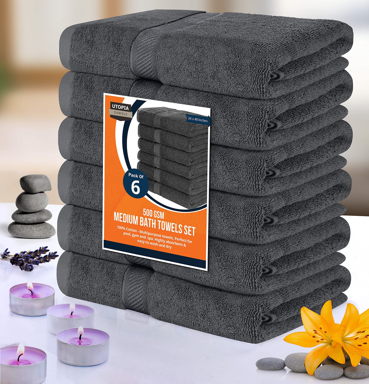 Utopia Towels Cotton Bath Towels, 24 x 48 in, Grey, 6 Pack