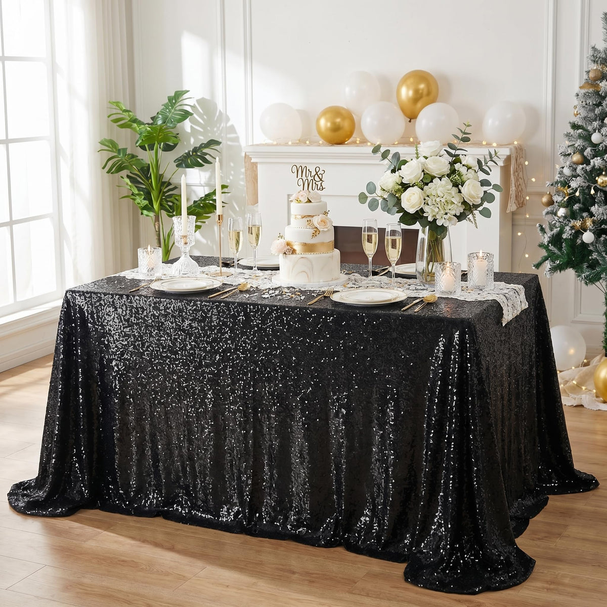 SoarDream Black Sequin Tablecloth, 90x156 Inch, Rectangle