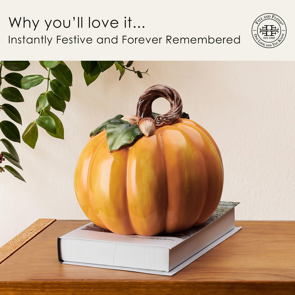 Fitz and Floyd Harvest Pumpkin Ceramic Figurine, 7.5 Inch