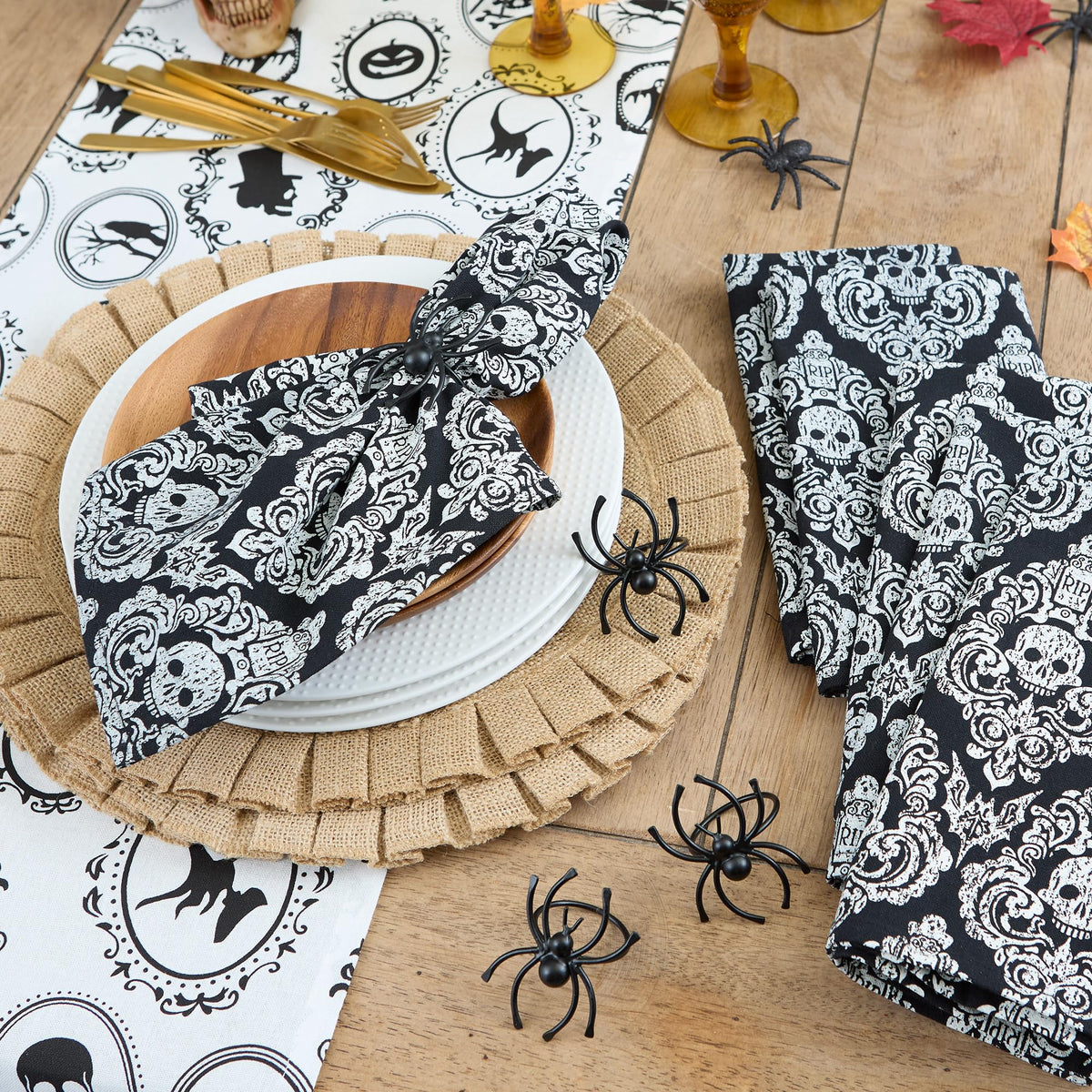 DII Halloween Black Skull Damask Napkin Set, 20x20, 6 Piece