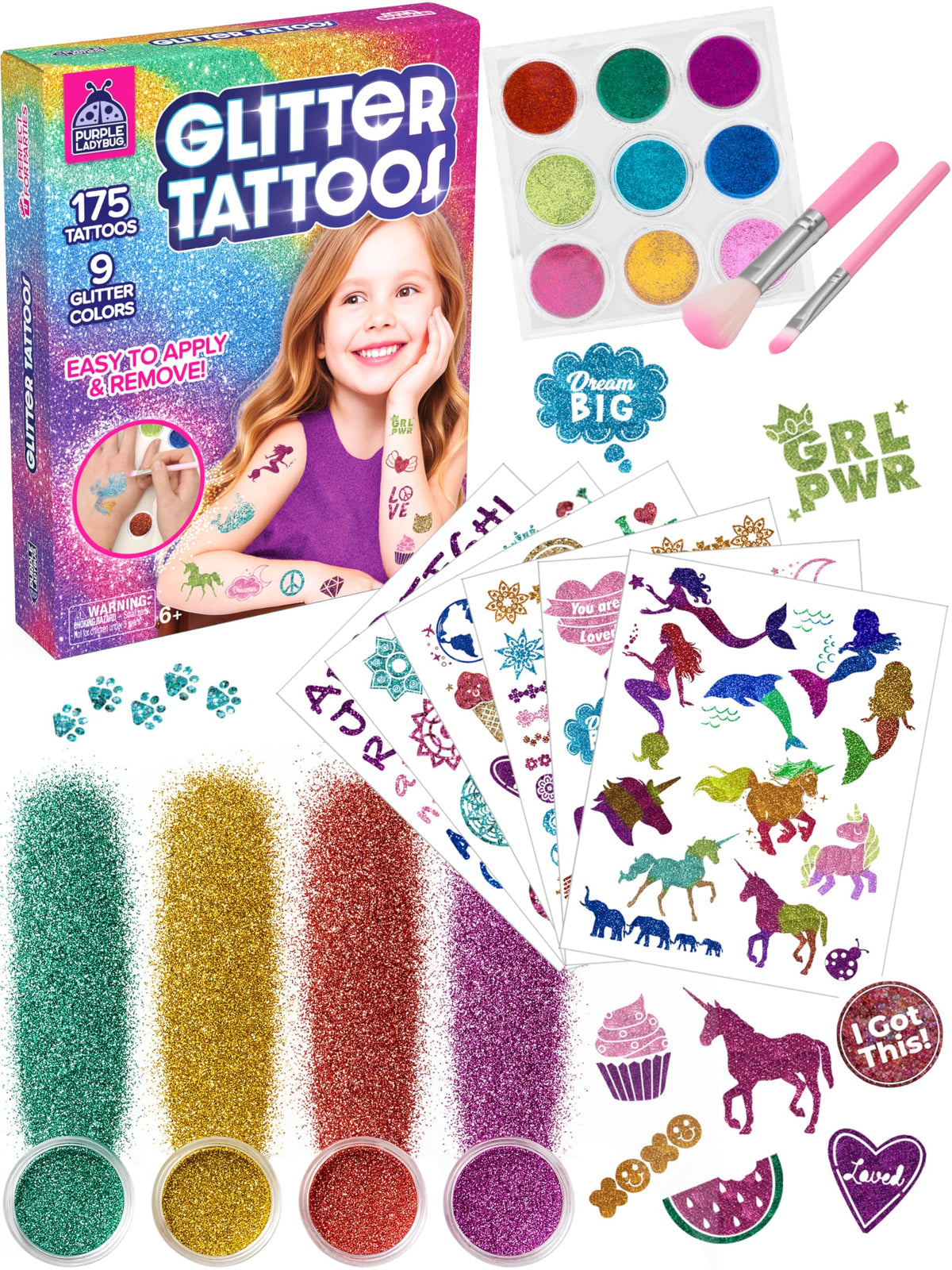 PURPLE LADYBUG Glitter Tattoo Kit for Kids (175 Pieces)