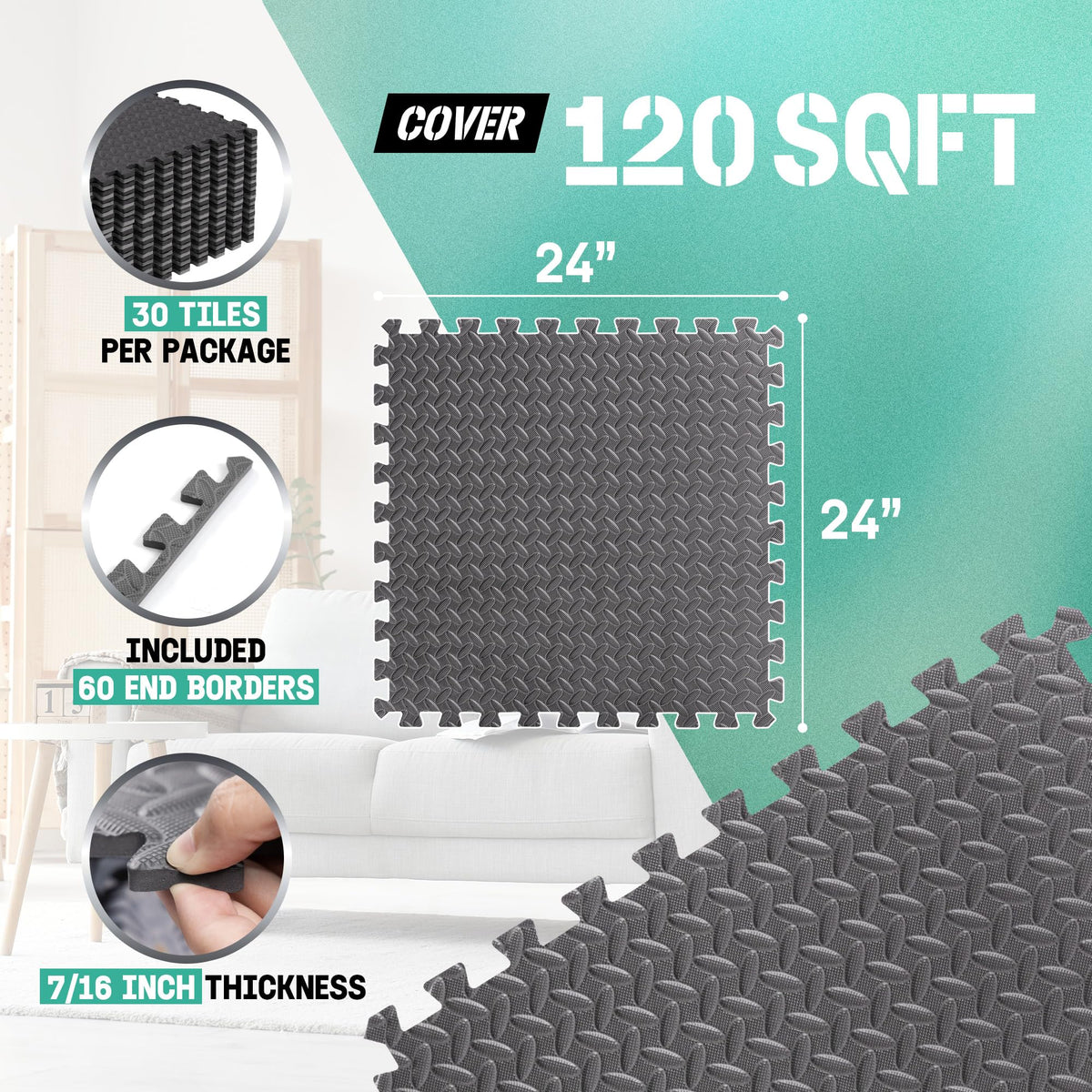 Yes4All EVA Interlocking Foam Floor Tiles, Black, 11.15 m²