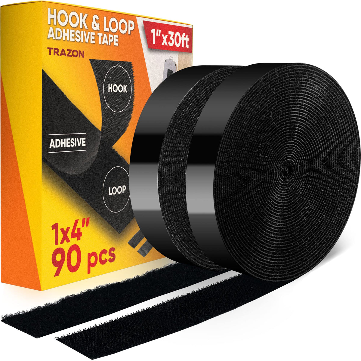Heavy Duty Adhesive Hook and Loop Tape, Black, 1" x 30 ft