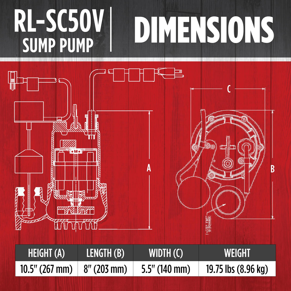 Red Lion RL-SC50V Cast Iron Sump Pump, 1/2 HP, 4300 GPH, 115V