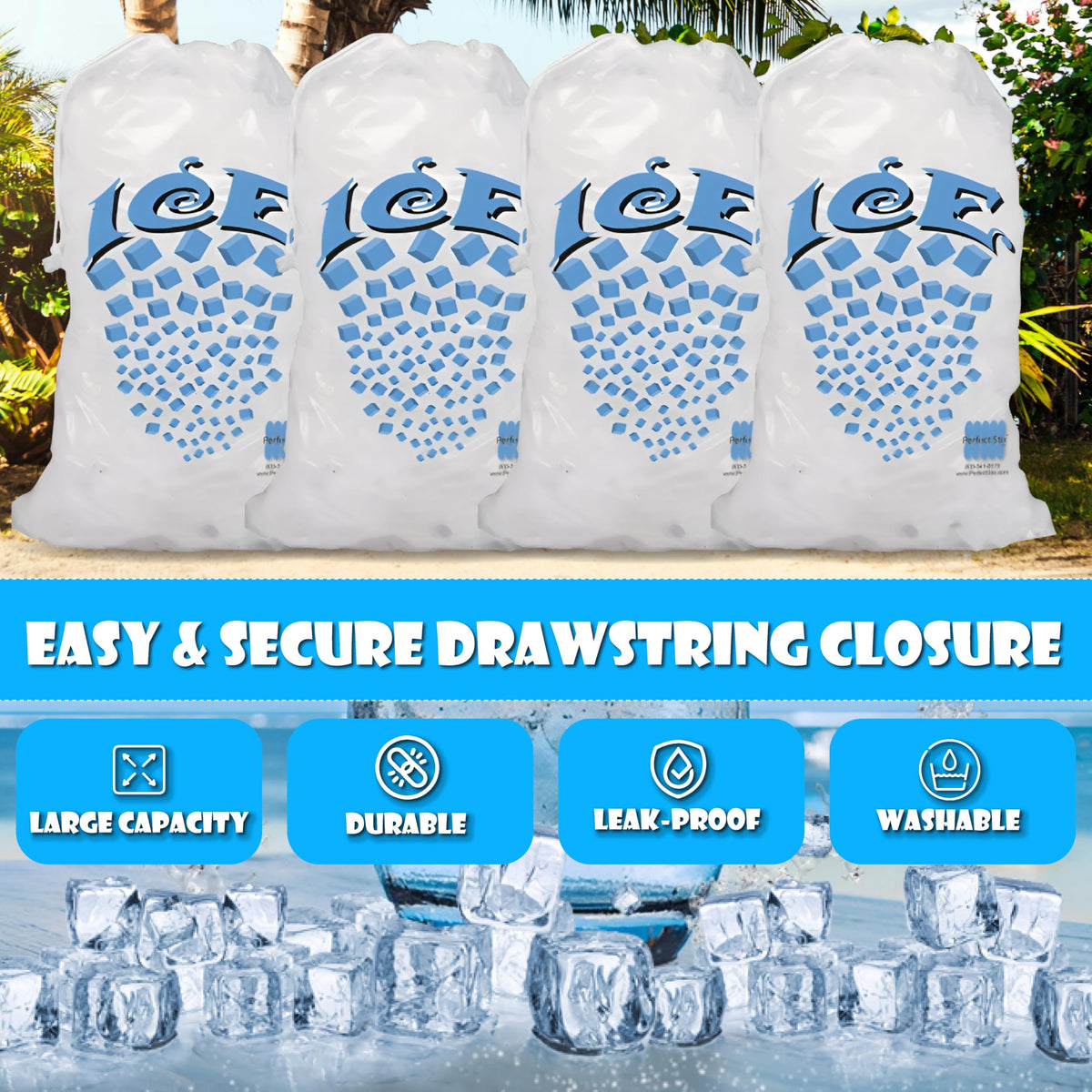 Concession Essentials Drawstring Ice Bags, 8 lb, Pack of 100