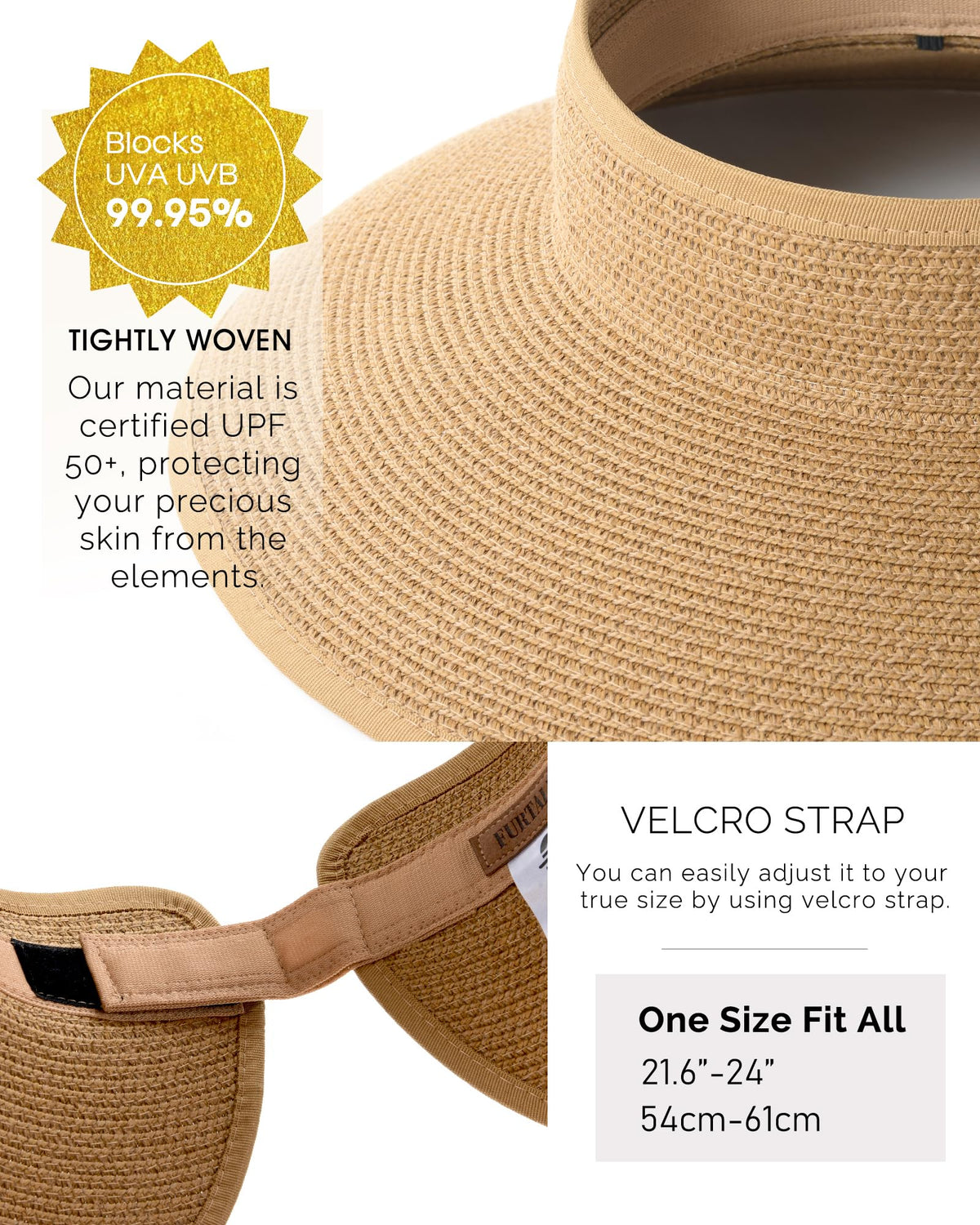Furtalk Women's Wide Brim Straw Sun Visor Hat, UPF 50, Foldable