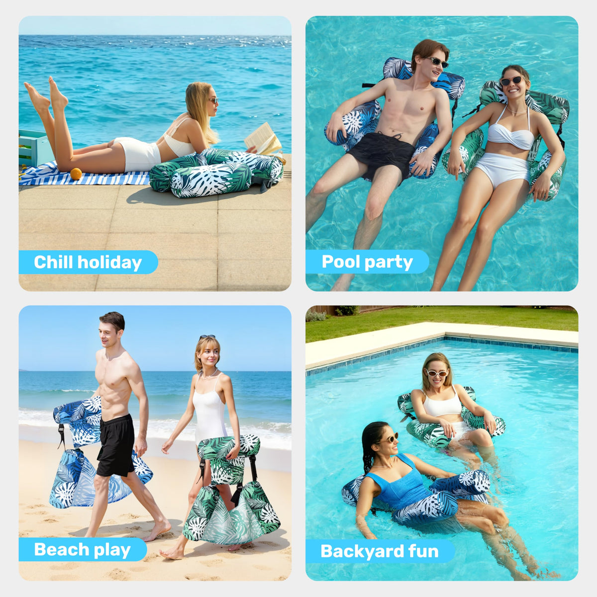 Sloosh Inflatable Floating Lounge Chairs, Tropical Leaves (2 Pack)
