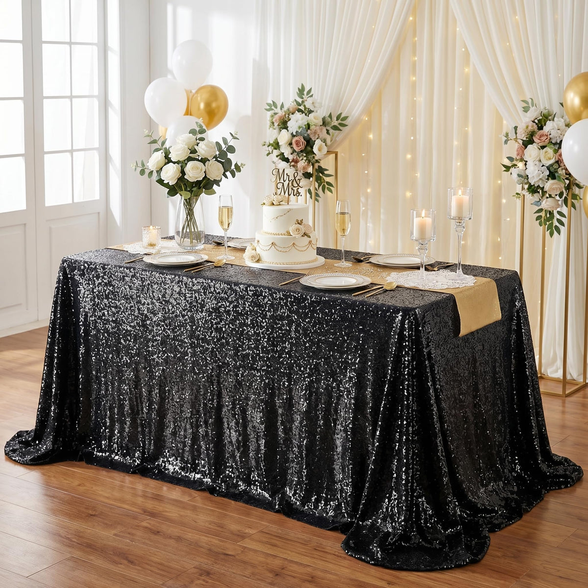 SoarDream Black Sequin Tablecloth, 90x132 Inch